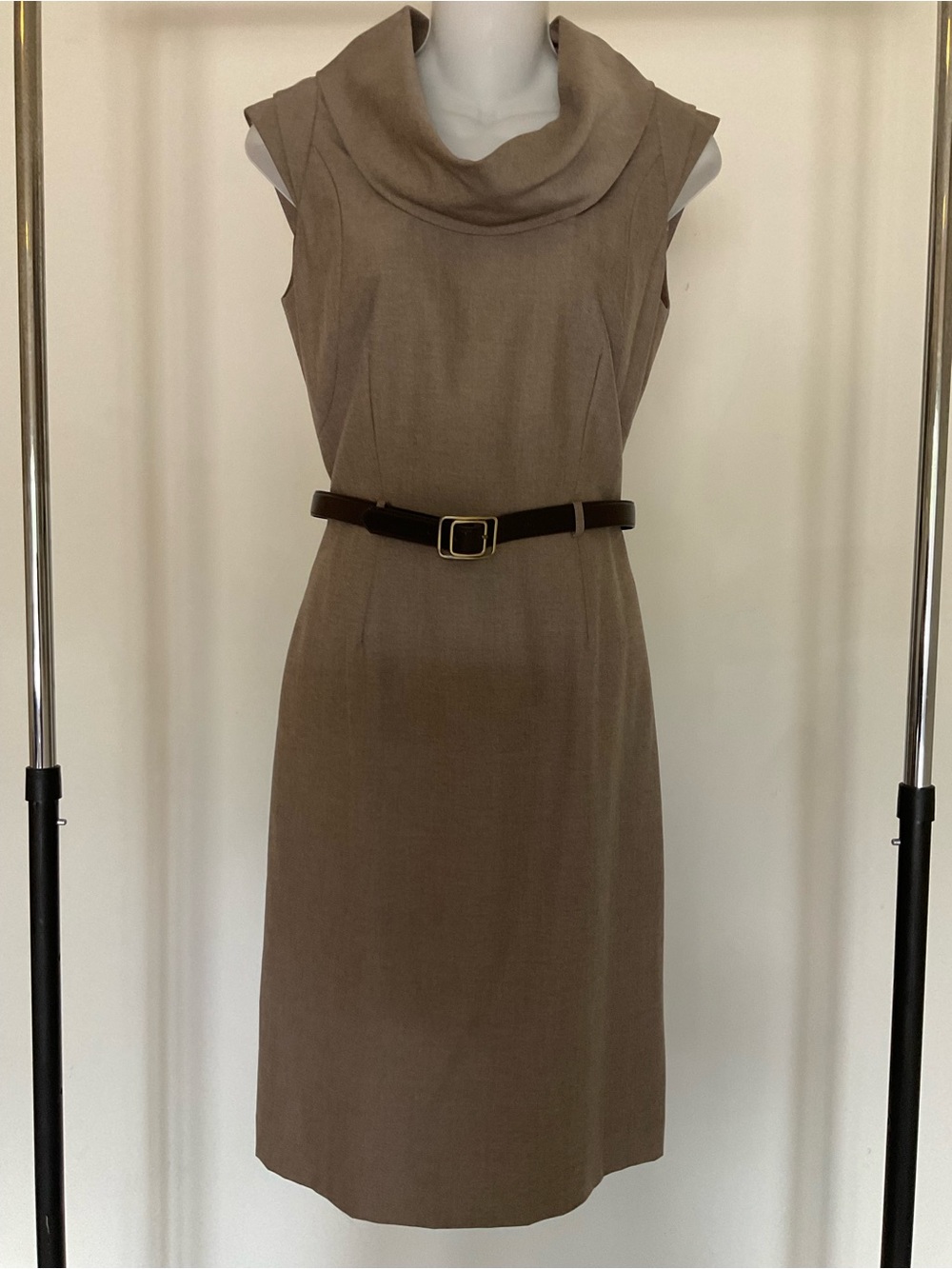 ANTONIO MELANI Taupe Sleeveless Cowl Neck Sheath Dress
